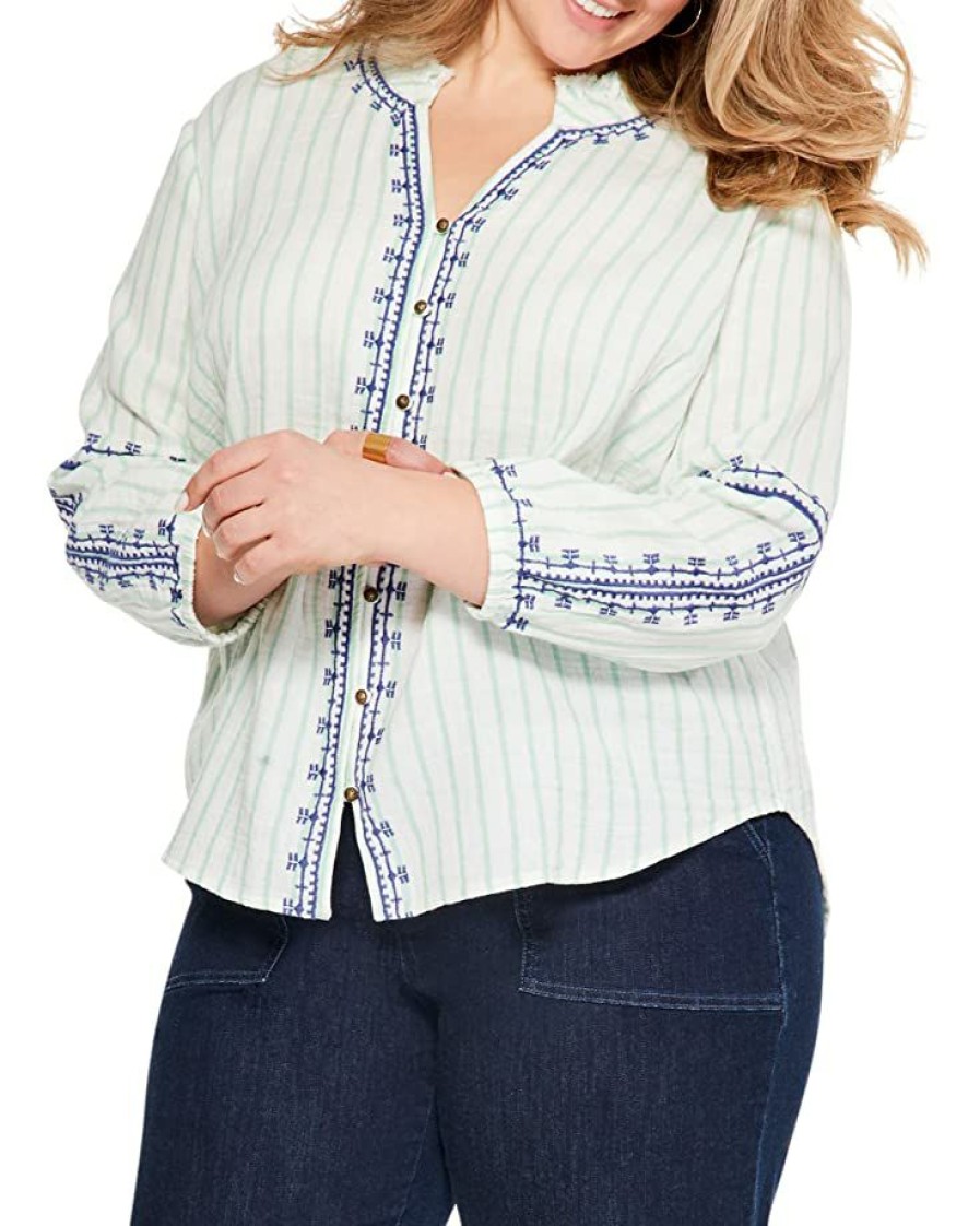 Clothing * | Nic+Zoe Shirts & Tops Plus Size Embroidered Terrace Top Green Multi