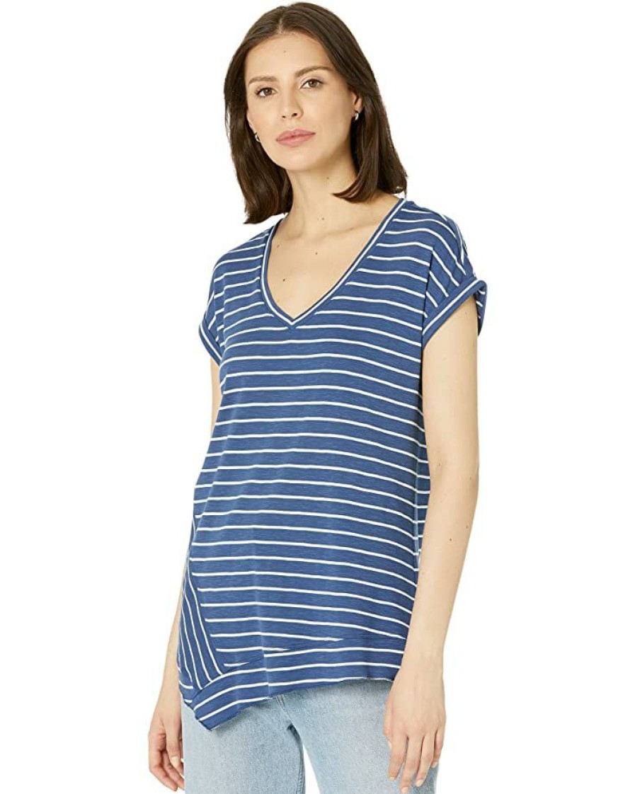 Clothing * | Nic+Zoe Shirts & Tops Striped Short Sleeve V-Neck Asymmetrical Tee