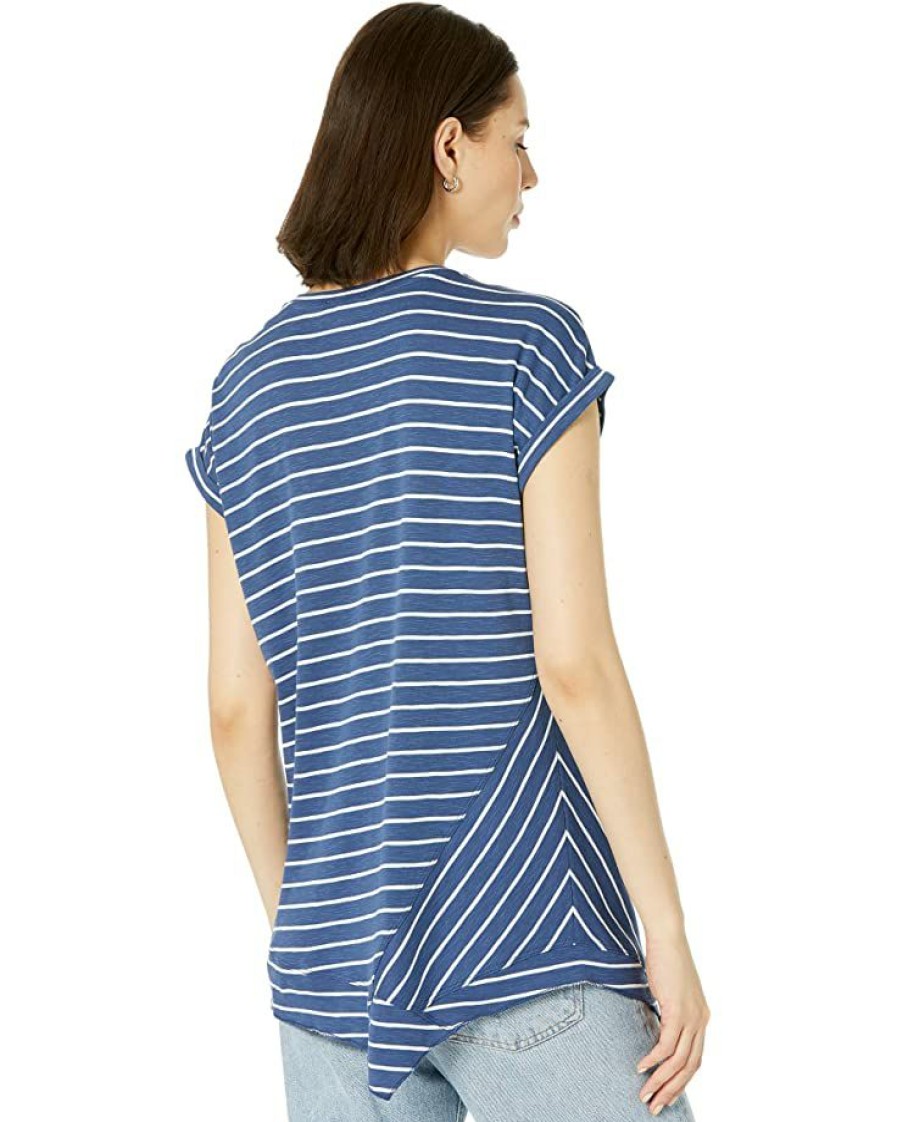 Clothing * | Nic+Zoe Shirts & Tops Striped Short Sleeve V-Neck Asymmetrical Tee