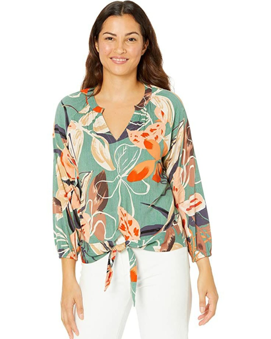 Clothing * | Nic+Zoe Shirts & Tops Artful Floral Live In Tie Top Green Multi