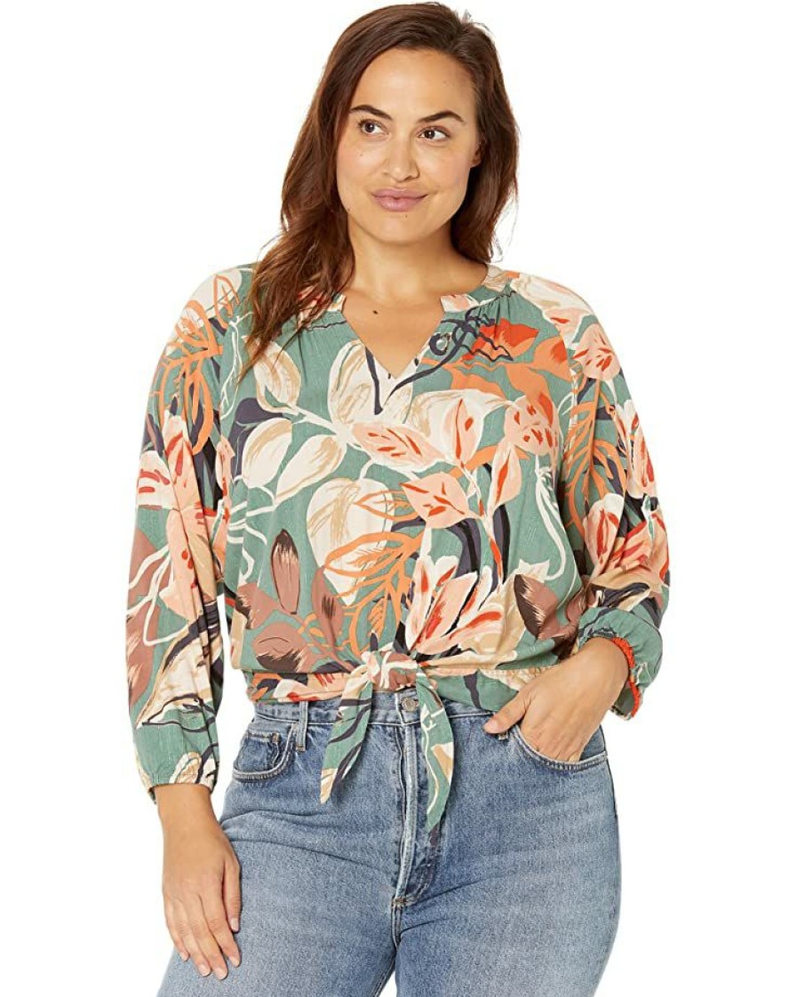 Clothing * | Nic+Zoe Shirts & Tops Plus Size Artful Floral Live In Tie Top Green Multi