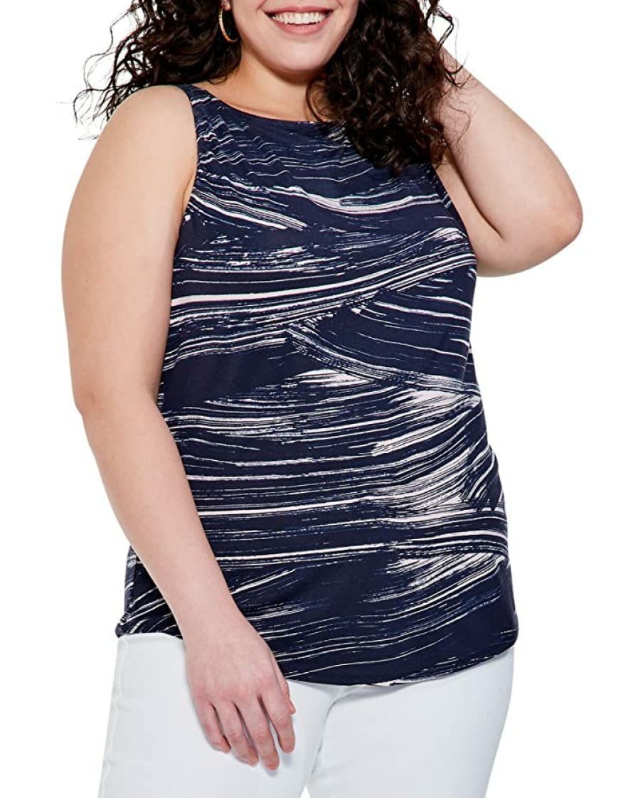 Clothing * | Nic+Zoe Shirts & Tops Plus Size Brushed Waves Tank Indigo Multi