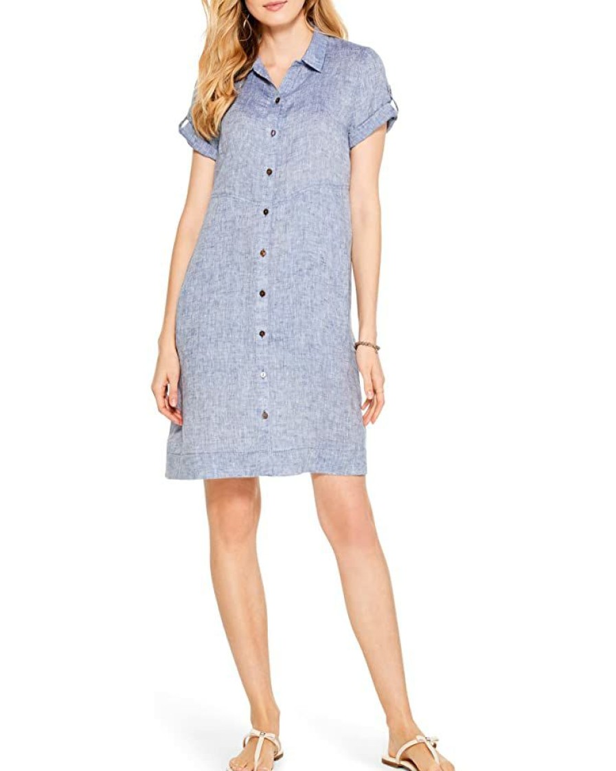 Clothing * | Nic+Zoe Dresses Plus Size Drifty Linen Shirtdress Indigo Mix