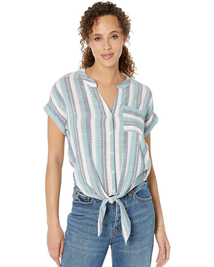 Clothing * | Nic+Zoe Shirts & Tops Horizon Stripe Tie Front Top Blue Multi