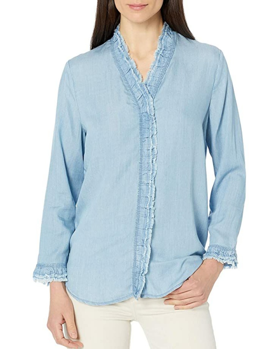 Clothing * | Shirts & Tops Nic+Zoe Women'S Ruffled Up Denim Shirt Mid Denim