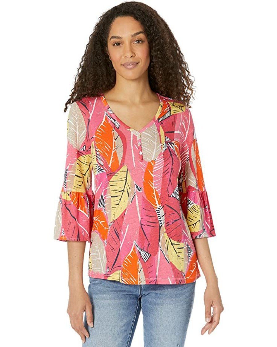 Clothing * | Nic+Zoe Shirts & Tops Feather Leaves Top Pink Multi