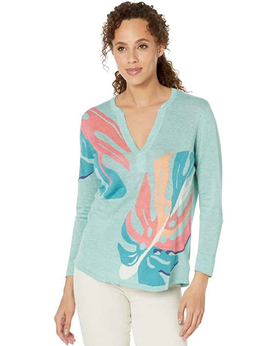 Clothing * | Nic+Zoe Sweaters Fiesta Fronds Sweater Aqua Multi