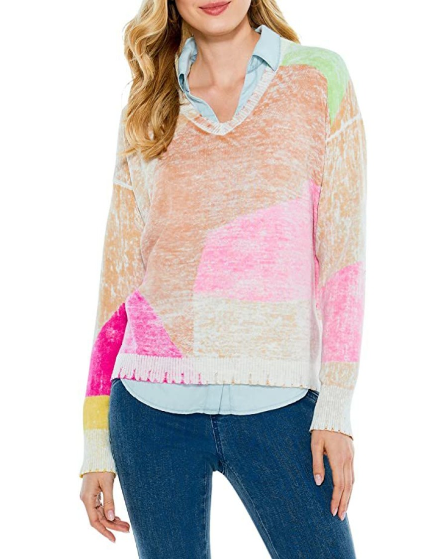 Clothing * | Nic+Zoe Sweaters Mosaic Sunrise Sweater Pink Multi