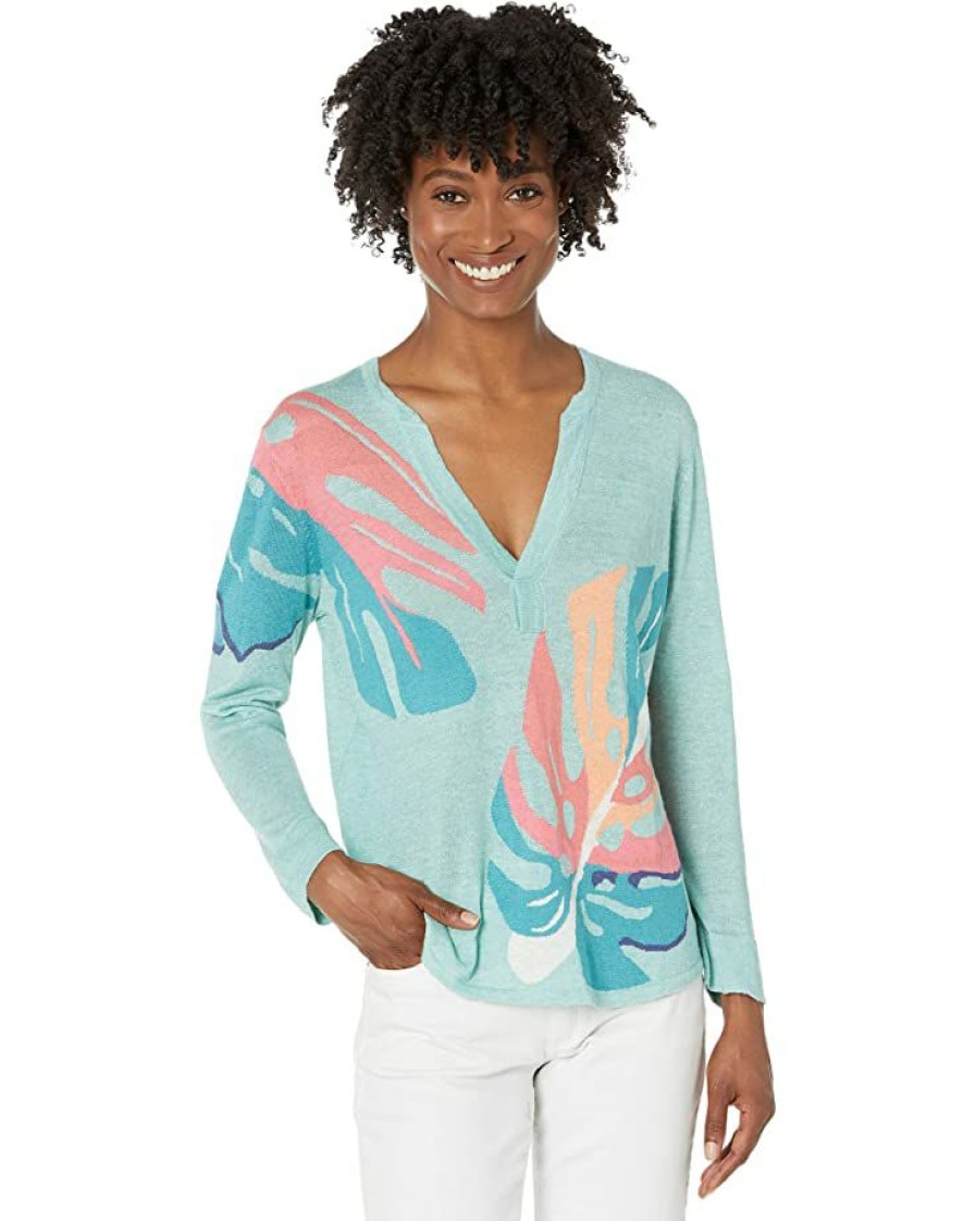 Clothing * | Nic+Zoe Sweaters Petite Fiesta Fronds Sweater Aqua Multi