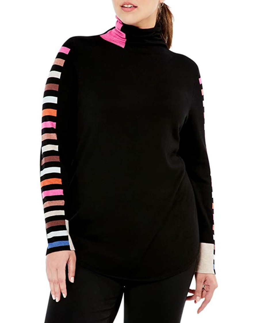 Clothing * | Nic+Zoe Sweaters Plus Size Stripes Aside Vital Turtleneck Black Multi