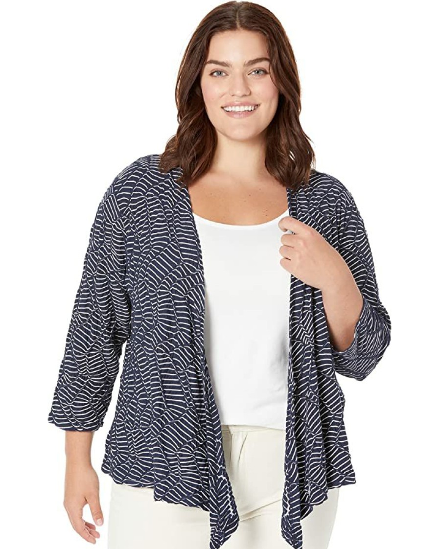 Clothing * | Nic+Zoe Sweaters Plus Size Mixed Lines Four-Way Cardigan Indigo Multi