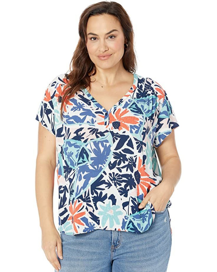 Clothing * | Nic+Zoe Shirts & Tops Plus Size Tropical Patchwork Top Aqua Multi