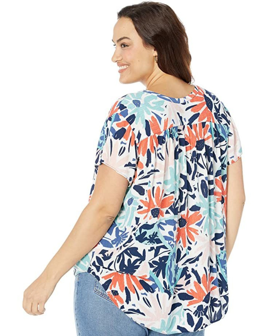 Clothing * | Nic+Zoe Shirts & Tops Plus Size Tropical Patchwork Top Aqua Multi