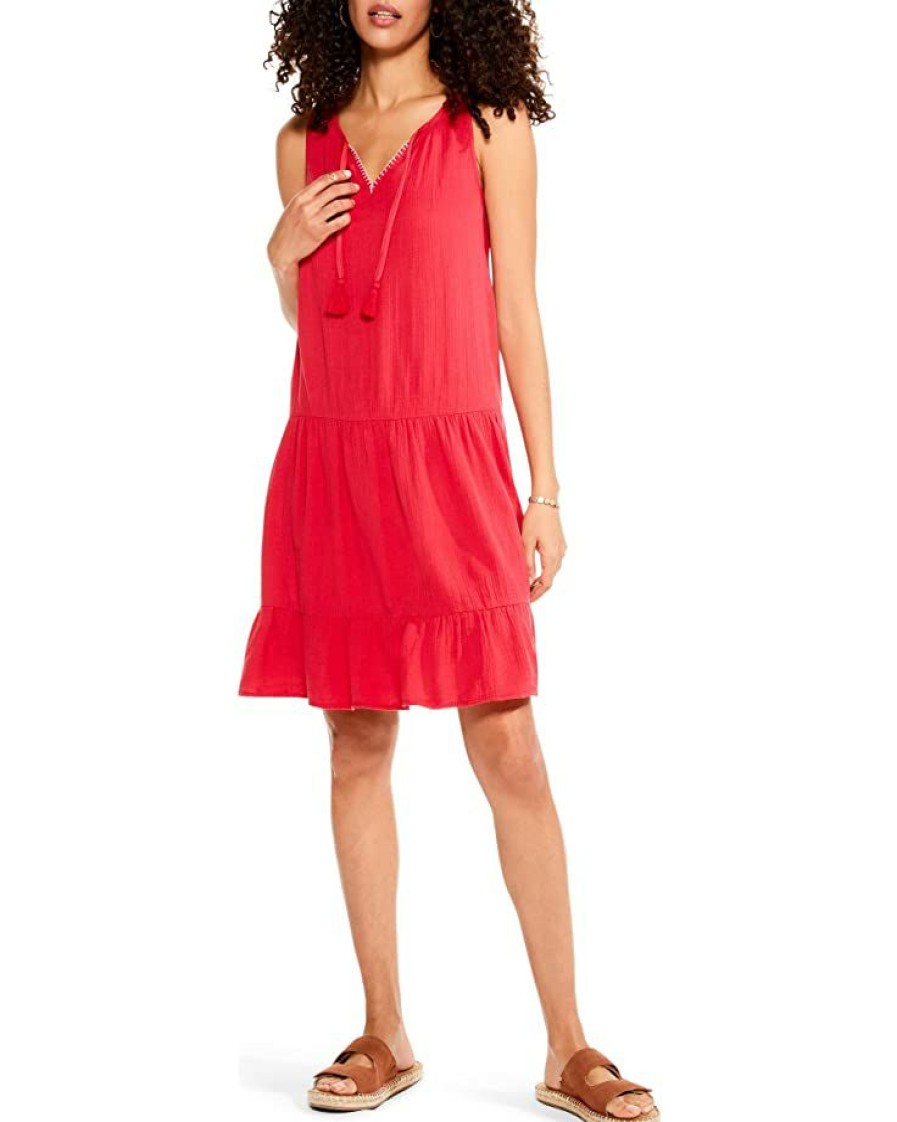 Clothing * | Nic+Zoe Dresses Petite Double Gauze Tiered Dress Cosmo Red