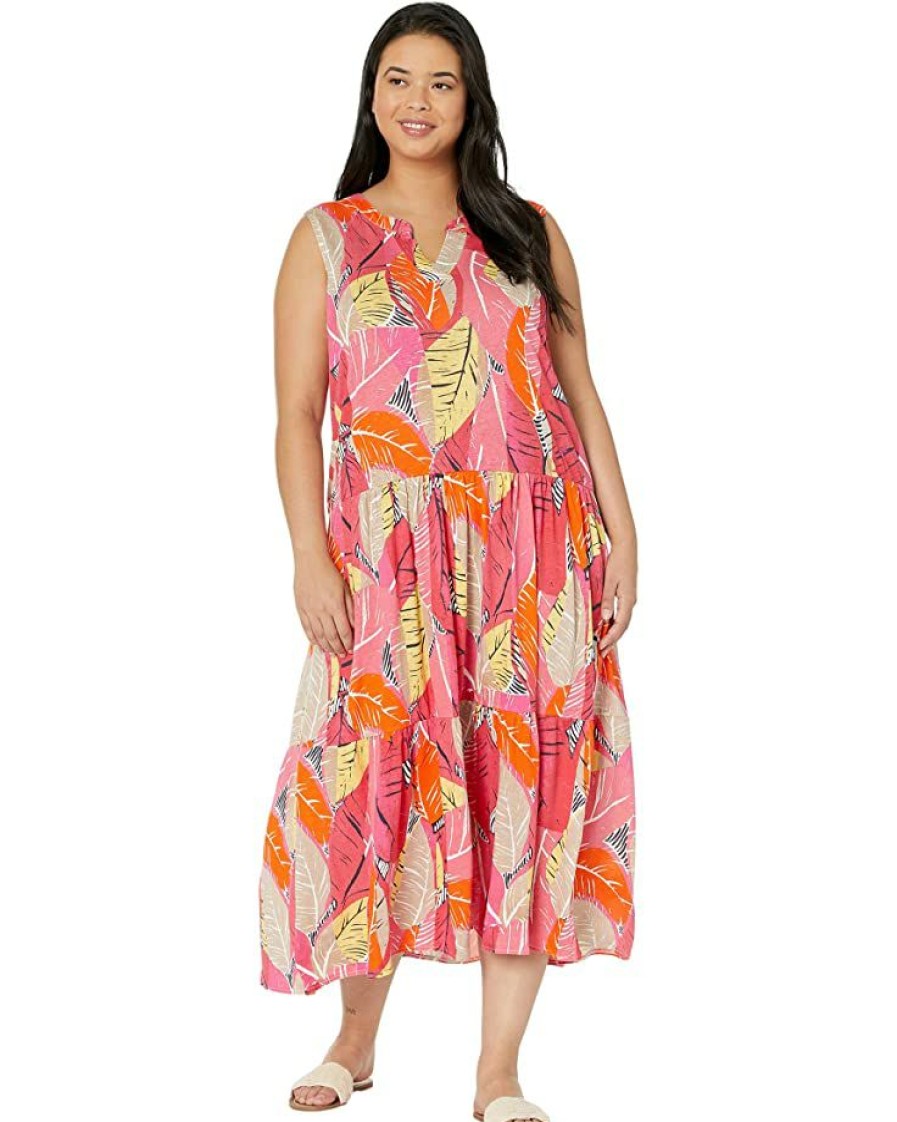 Clothing * | Nic+Zoe Dresses Plus Size Feather Leaves Dress Pink Multi