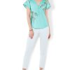 Clothing * | Nic+Zoe Shirts & Tops Placed Palm Flutter Sleeve Henley Aqua Multi