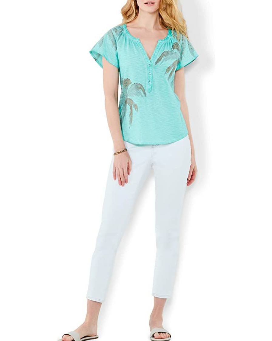 Clothing * | Nic+Zoe Shirts & Tops Placed Palm Flutter Sleeve Henley Aqua Multi