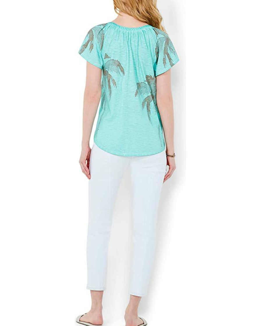 Clothing * | Nic+Zoe Shirts & Tops Placed Palm Flutter Sleeve Henley Aqua Multi